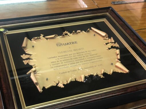 Vitrina Vidrio y Pana con Placa en Bronce pergamino Doble y Letras Ennegrecidas
