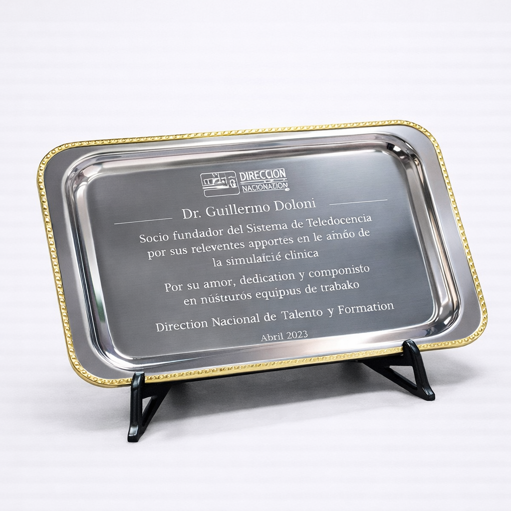 Bandeja Conmemorativa Rectangular de Acero Inoxidable con Borde de Bronce Reconocimientos Institucionales - Imagen 2