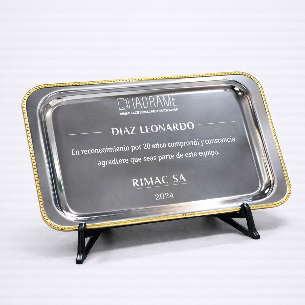 Bandeja Conmemorativa Rectangular de Acero Inoxidable con Borde de Bronce Reconocimientos Institucionales - Imagen 4