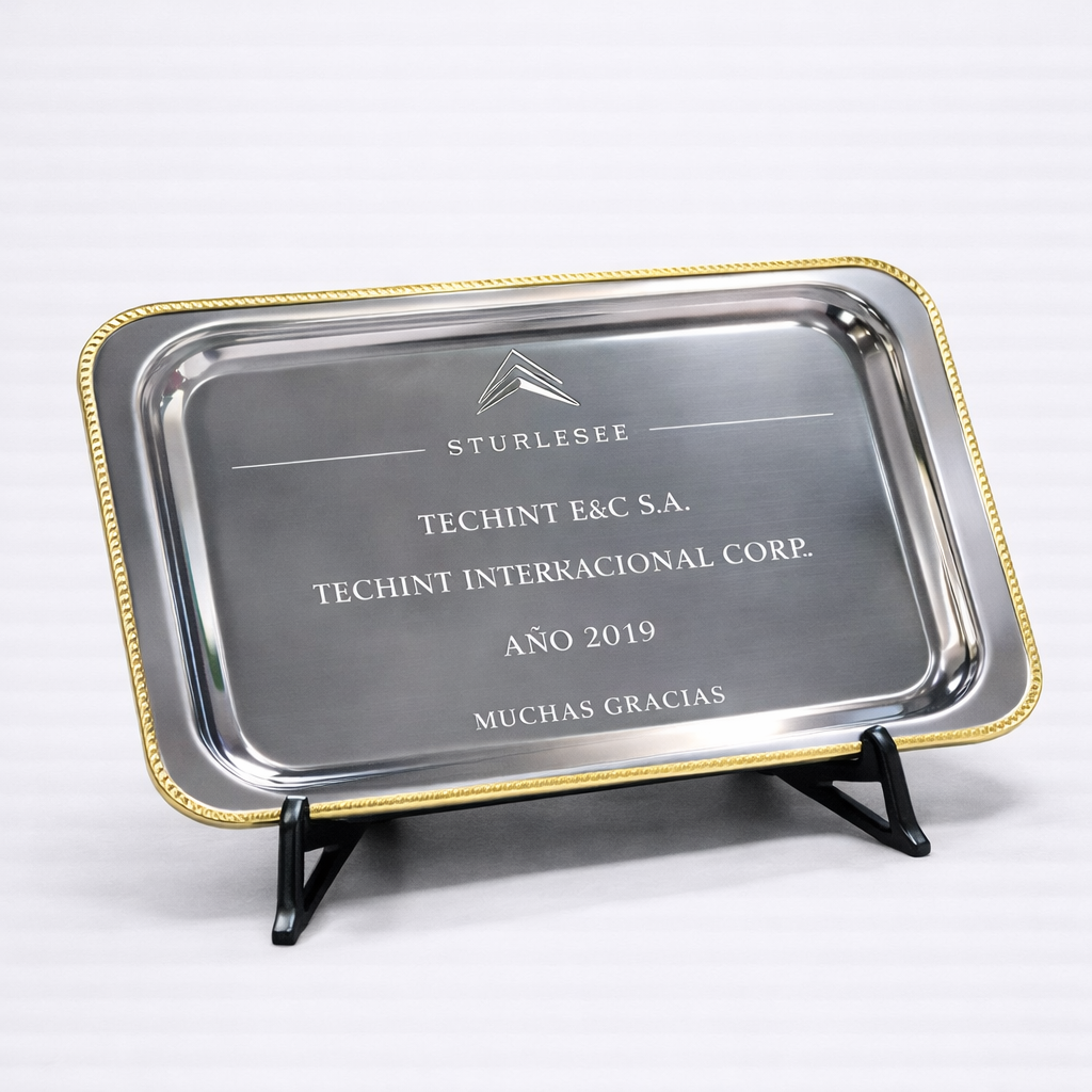 Bandeja Conmemorativa Rectangular de Acero Inoxidable con Borde de Bronce Reconocimientos Institucionales - Imagen 6